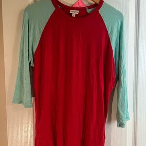 LuLaRoe Long Sleeve Raglan Tee in Red and Teal